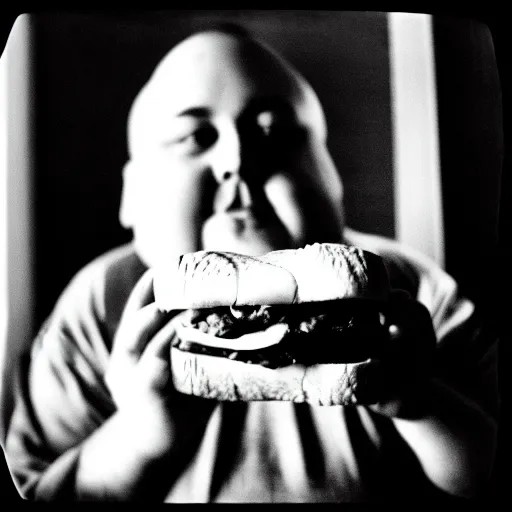 Image similar to a black and white film photograph snapshot of a fat man biting a sandwich. no hands. no fingers. holga, lomo, lomography, retro, toy camera, film, tri - x, plus - x, vintage