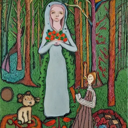 Prompt: In the photograph Vasilisa can be seen standing in the forest, surrounded by animals. She is holding a basket of flowers in one hand and a spindle in the other. Her face is turned towards the viewer, with a gentle expression. In the background, the forest is depicted as a dark and mysterious place. by Jean Dubuffet, by Kevin Sloan dynamic, geometric