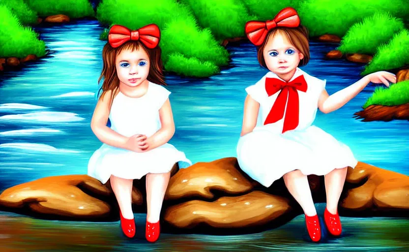 Prompt: a beautiful little girl jen, wearing white cloths, and a red bow in her hair, playing with the water, sitting by the side of a creek, in the painting style of vector art, 8 k, detailed, rule of thirds