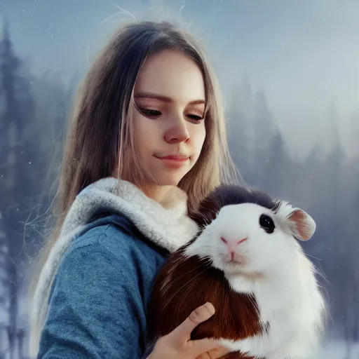 Image similar to Caucasian white girl holding her dark brown guinea pig, out in the wilderness at morning, trending on artstation, artstationHQ, artstationHD, photorealistic imagery.