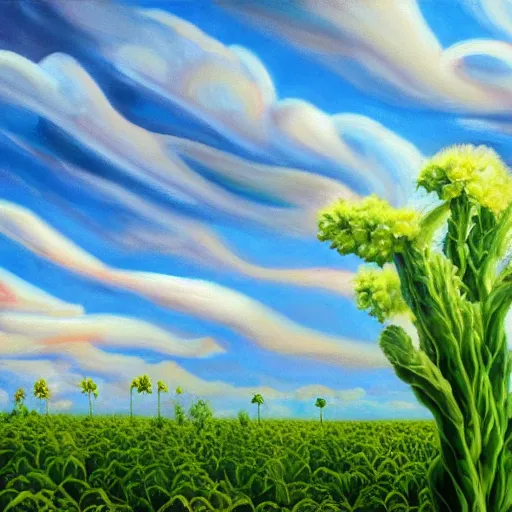 Image similar to ultra realistic painting of a cloudy sky over a field of alien plants, vegetables and flowers, 8 k