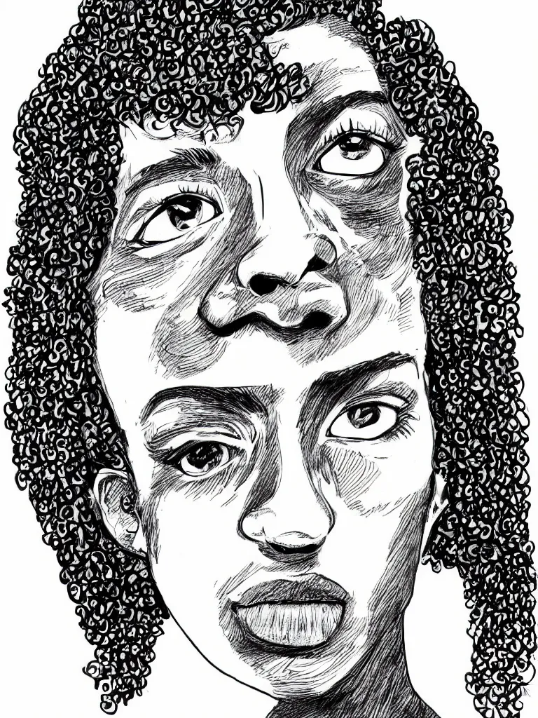 Prompt: face portrait of a teenager with a big nose and curly black hair, hand drawn illustration, ink and marker, by andrea pazienza