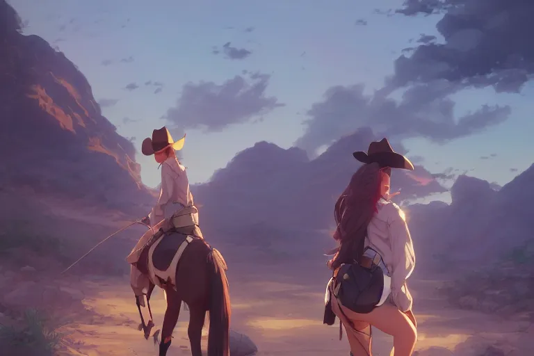 Image similar to single subject digital art of a western cowgirl western girlfriend, scenic full shot, ambient lighting, detailed face, by makoto shinkai, stanley artgerm lau, wlop, rossdraws