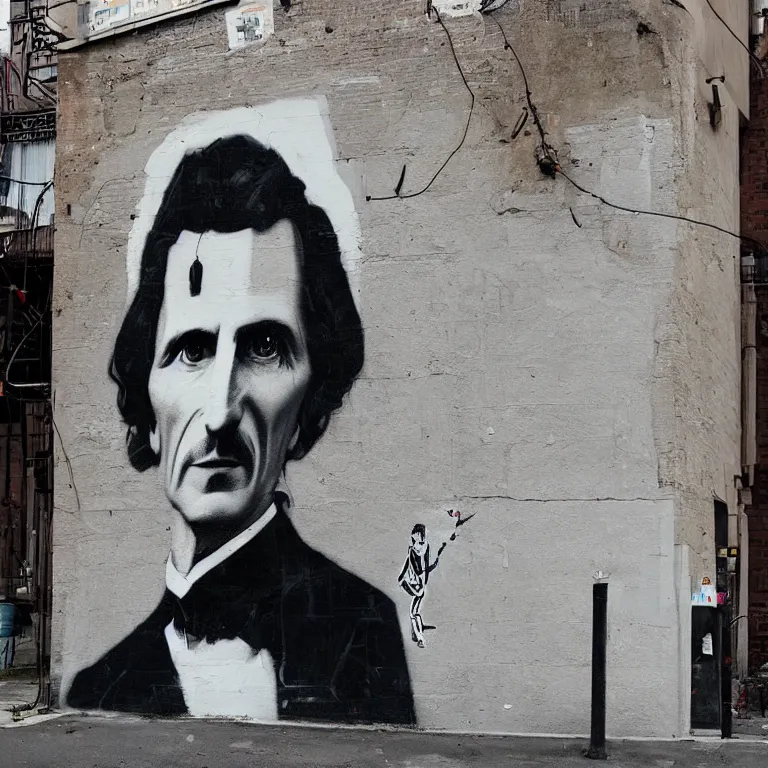 Prompt: Street-art portrait of Nikola Tesla in style of Banksy, photorealism