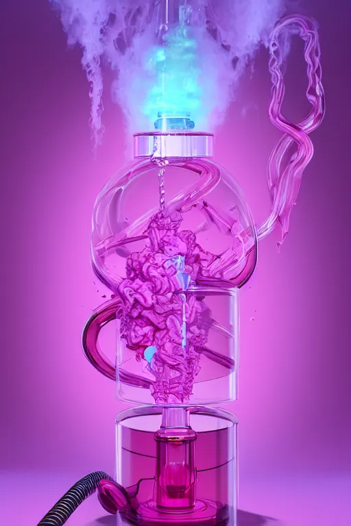 Image similar to Pink Vapor Inhalation Machine Conected to a Vat of Pink Liquid by a Tube, fantasy, magic, ultra detailed, digital art, trending on artstation, illustration