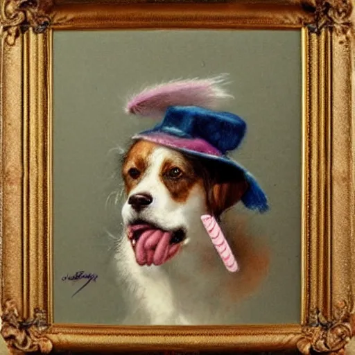 Image similar to ( ( ( ( ( dog with a hat eating ice cream!!!. muted colors. ) ) ) ) ) by jean - baptiste monge!!!!!!!!!!!!!!!!!!!!!!!!!!!