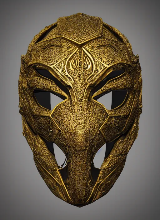 Image similar to armoured facemask, with intricate carving details in black and gold, ultra realistic, octane render, 8 k, hd, realistic lighting