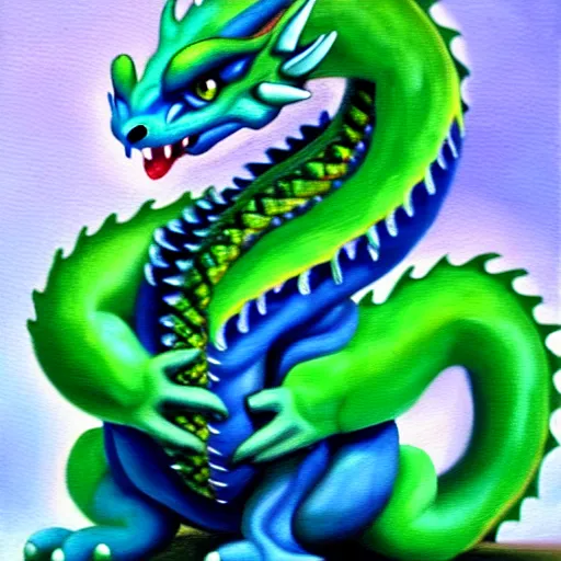 Prompt: a cute blue and green dragon, chubby, oil on canvas, furry