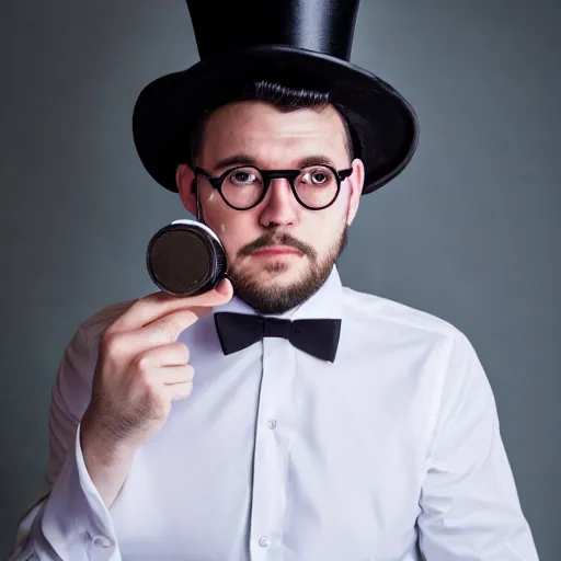 Prompt: handsome man wearing a white shirt and necktie and a top hat and a monocle, medium shot, photography, high quality, studio lighting, 4k,