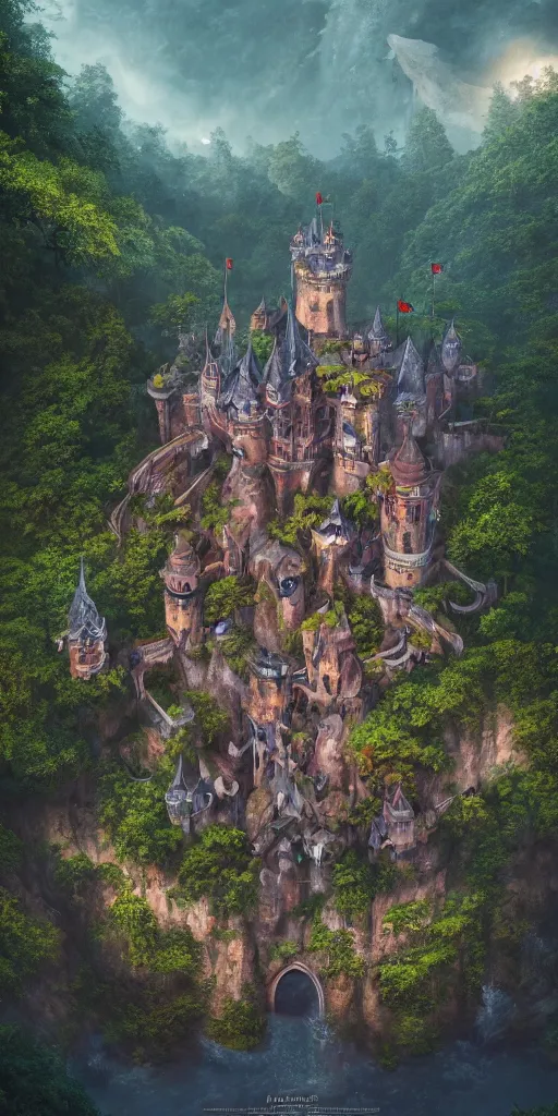 Prompt: of a beautiful Hyperrealistic grande castle surrounded by a stream and dark jungle, macro lens, highly detailed, digital painting, trending artstation, concept art, illustration, cinematic lighting, vibrant colors, photorealism, epic, octane render