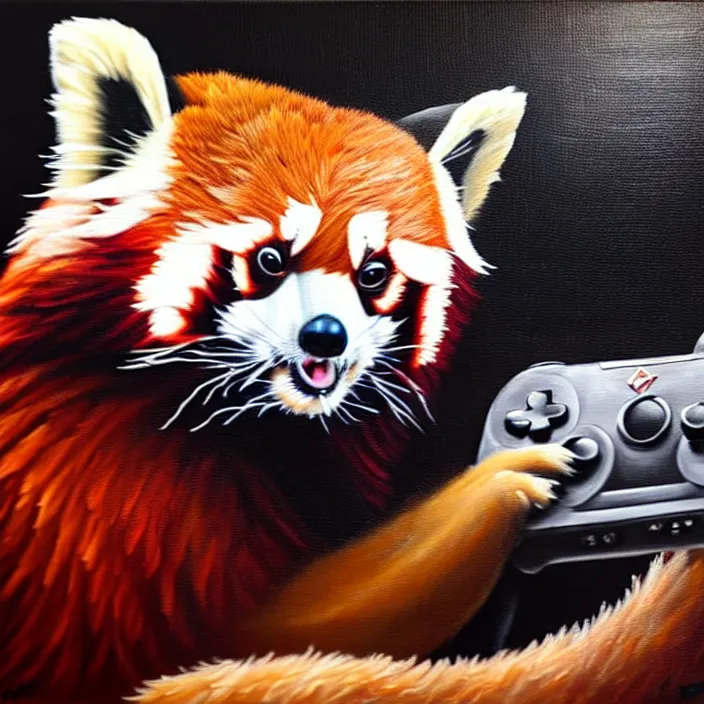 Prompt: an oil painting of a red panda playing video games on a pc, furry, gamer, oil on canvas, cute, highly detailed, soft lighting, pretty