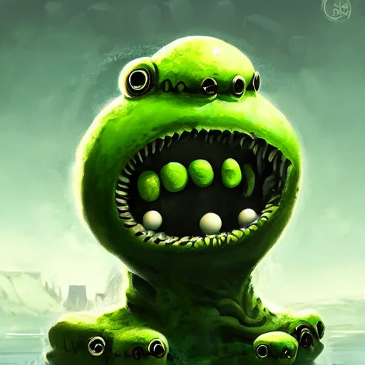 Image similar to a giant cyclops one - eyed cyclops bumpy ball green pea monster with boney arms, lovecraft, trending on artstation, 4 k, video game art, oil painting