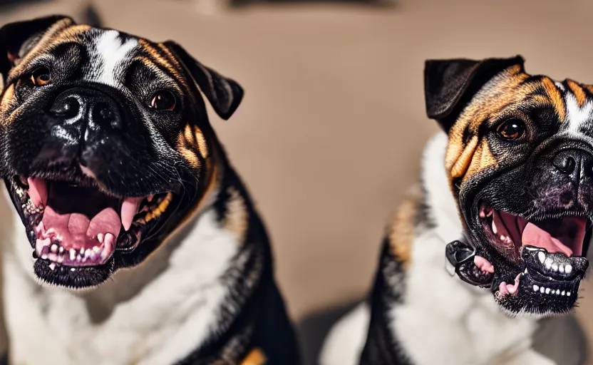 Image similar to portrait of a happy smiling dog, natural light, detailed face, cinematic lighting, 8 k