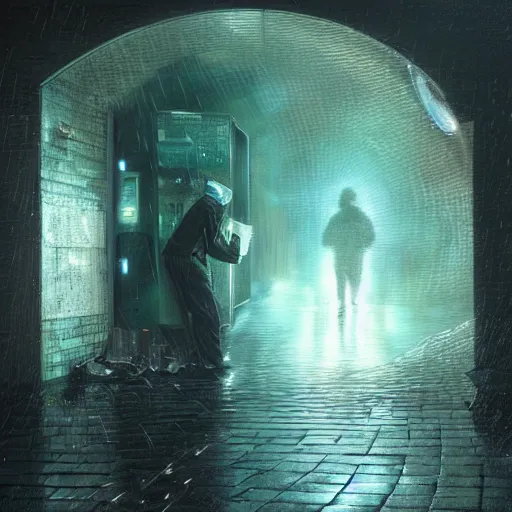 Image similar to a drenched man in a rainy alleyway placing a coin in a vending machine opens an alien portal into another dimension, vivid caustics into another universe, realistic photography, beautiful interior, hyperrealism, incredible, award - winning photography, by greg rutkowski, lovecraftian