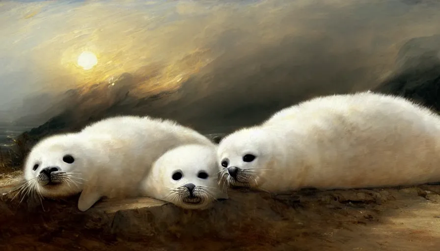 Image similar to highly detailed painting of cute furry white baby seals on an out of control car by william turner, by greg rutkowski, by william constable, thick brush strokes and visible paint layers, 4 k resolution