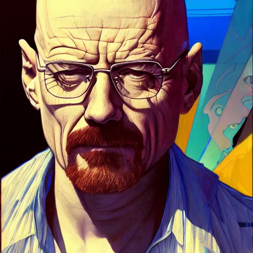 Image similar to high quality illustration, walter white realistic portrait, by etam cru, cyberpunk, alphonse mucha, riot game, beautiful, epic camera, alexandre bourlet, colorful background, arcane, lois van baarle, league of legend, digital painting, james jean, dynamic colors, greg rutkuwsky, artstation, concept art, neon