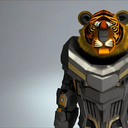 Prompt: a humanoid tiger in futuristic body armor and grey fur, highly detailed, yellow eyes, teeth that protrude past their lower jaw holding a plasma rifle