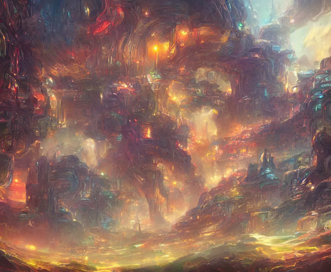 Prompt: detailed painting of an intricate fantasy sci-fi-world, colorful, dreamy, concept art