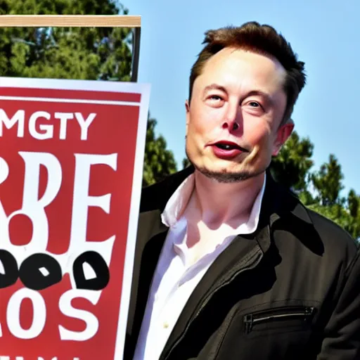 Image similar to Elon Musk holding a sign saying Free Hotdogs, highly detailed, high quality, HD, 4k, 8k, Canon 300mm, professional photographer, 40mp, lifelike, top-rated, award winning, realistic, sharp, no blur, edited, corrected, trending