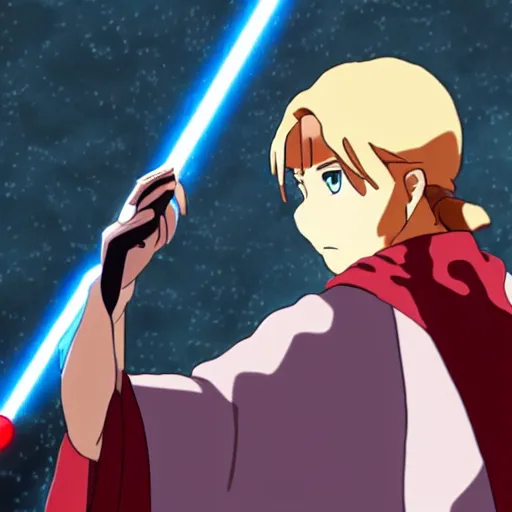 Image similar to Obi-Wan Kenobi as an anime character from Studio Ghibli. Beautiful. 4K.