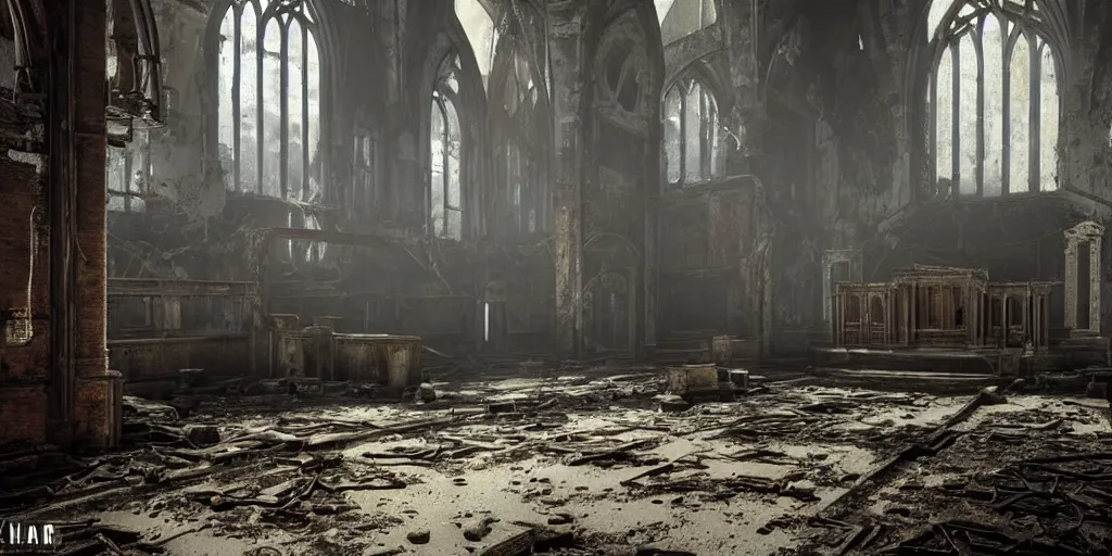 Prompt: fallout 5, indoors dilapidated partially ruined church interior, rusted machinery, atmospheric lighting, painted, intricate, volumetric lighting, beautiful, daytime, sunny weather, slight overcast, golden hour, sharp focus, deep colours, ultra detailed, by leesha hannigan, ross tran, thierry doizon, kai carpenter, ignacio fernandez rios