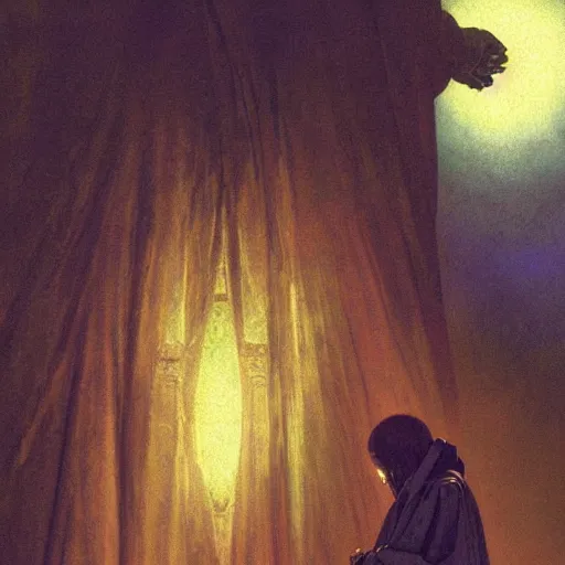 Prompt: Close up of a young, thin and stern catholic priest in his thirties fervently praying as he is about to die from the ominous terrifying Lovecraftian yellow shadow descending upon him from the night sky. Low angle, dramatic lighting. Art by Greg Rutkowski and Alphonse Mucha