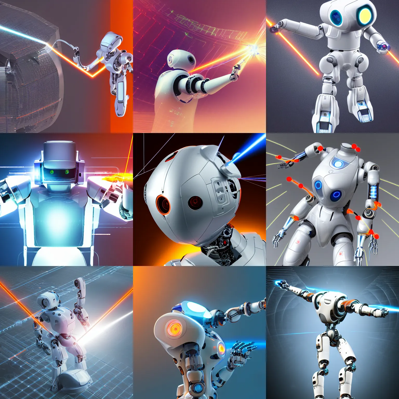 Prompt: Very detailed isometric, photo realistic render of an intricate futuristic robot with a laser beam on a mechanical arm extracting energy from a portal; the robot is white and glossy, some parts are of reflective polished metal, few orange contrast color details; the shapes of the robot are smooth and graceful; white background