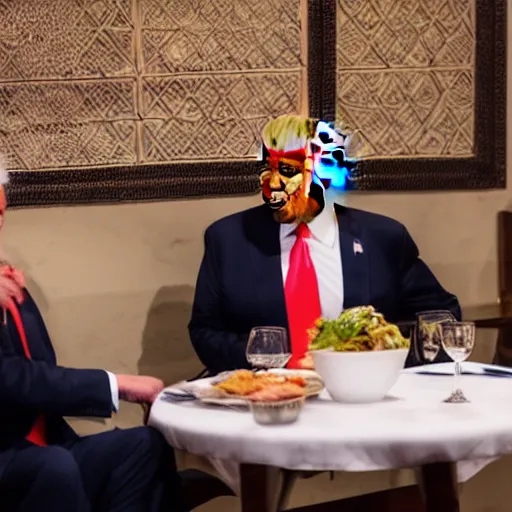 Image similar to Trump and Biden having dinner at a fancy Balinese restaurant, award winning photography, 85mm, perfect faces