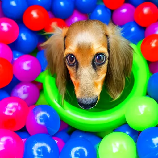 Prompt: long haired blonde miniature dachshund in a ball pit