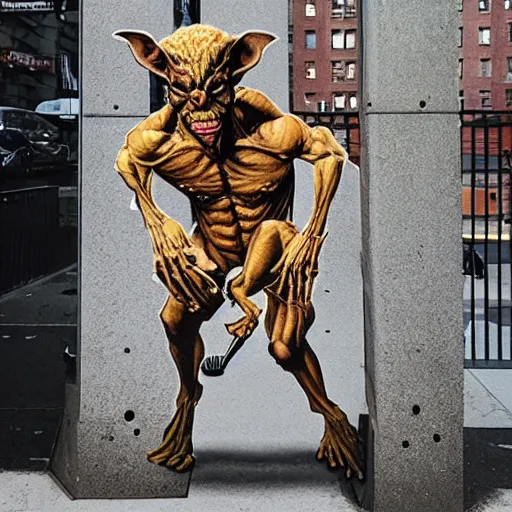 Image similar to photo of hyperealistic goblin in downtown nyc