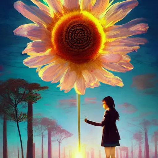 Image similar to giant daisy flower head, frontal, girl in a suit, surreal photography, sunrise, dramatic light, impressionist painting, digital painting, artstation, simon stalenhag