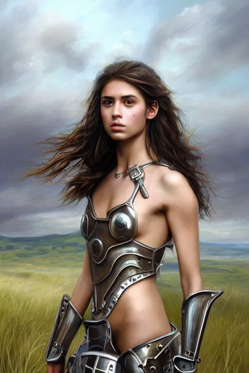 Image similar to a photorealistically painted portrait of an attractive young girl, partially clothed in metal-plated battle armor, standing in front of a vast landscape, flawless olive skin, fair complexion, long dark hair, beautiful bone structure, perfectly symmetric facial features, perfect photorealistic eyes, natural physique, intricate, elegant, digital painting, concept art, finely detailed, beautifully illustrated, sharp focus, minimal artifacts, volumetric lighting, from Metal Gear, by Ruan Jia and Mandy Jurgens and Artgerm and William-Adolphe Bouguerea, in the style of Greg Rutkowski, trending on Artstation, award winning art