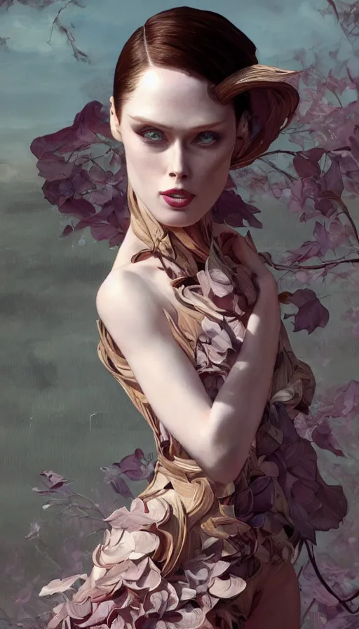 Prompt: coco rocha, passionate, seductive, expressive, charismatic, very sweaty, intricate fashion clothing, insane, intricate, highly detailed, digital painting, artstation, concept art, surrealistic, smooth, sharp focus, illustration, unreal engine 5, 8 k, art by artgerm and greg rutkowski and alphonse mucha