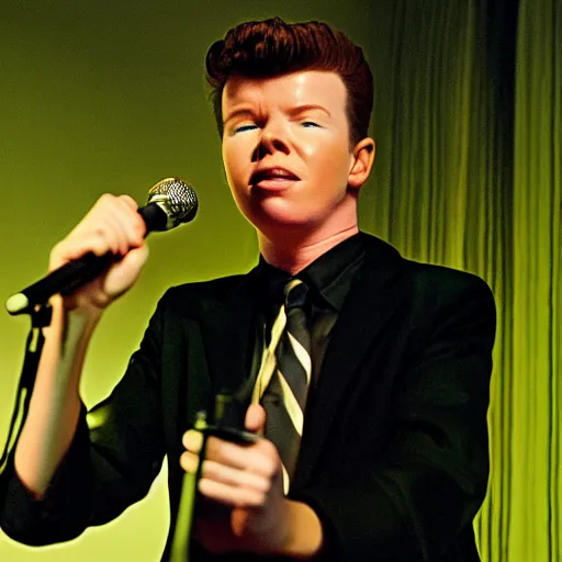 Image similar to young Rick Astley performing Never Gonna Give You Up, singing into a microphone, dancing, black suit, striped shirt, light background, full color photograph, 4k