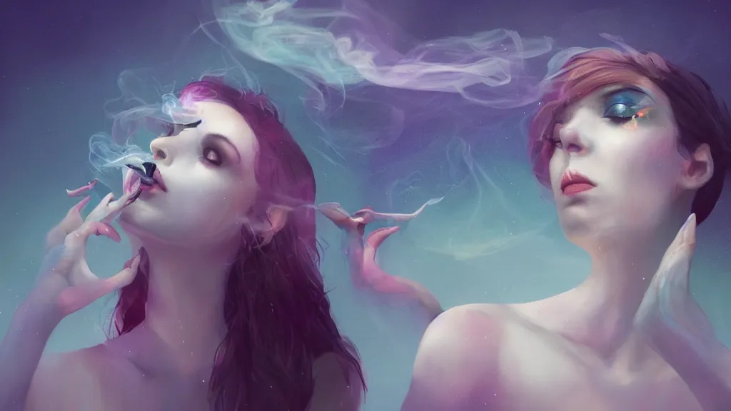 Image similar to whimsical, a single beautiful playful woman, wearing professional makeup, standing in a lake, blowing trippy smoke, under the stars, with a binary black hole with a ring in the sky, by Lois van Baarle, by Greg Rutkowski, by Ilya Kuvsninov, cinematic angle, face enhance, volumetric lighting, cinematic lighting, digital art, 4k resolution, octane render, trending on artstation, masterpiece