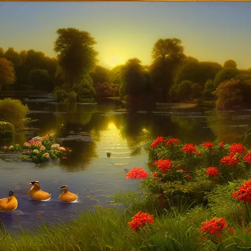 Image similar to a painting of a duck pond at sunset, surrounded by flower bushes, a detailed matte painting by Michael James Smith, deviantart, hudson river school, terragen, trending on artstation