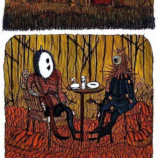 Prompt: a scarecrow and a ghost are drinking red wine in a fancy restaurant. folk horror art style. autumnal colours. highly detailed. rutkowski