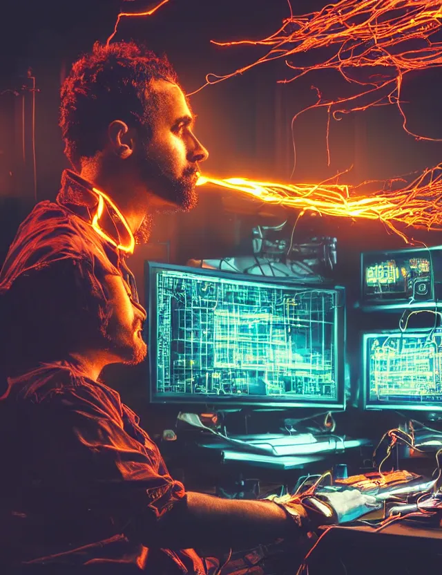 Prompt: “Artstation. A room full of electronic steampunk equipment with lots of electric wires and large tv screens and audio meters and voltage meters. A colorful bright explosion and fire and smoke is bursting out of a computer monitor. Close-up of a man sitting at the keyboard in awe. Cinematic lighting, dark, highly detailed. In style of Mike Savad”