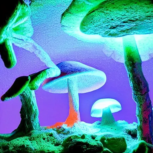 Prompt: a beautiful bioluminescent mushroom cave scene