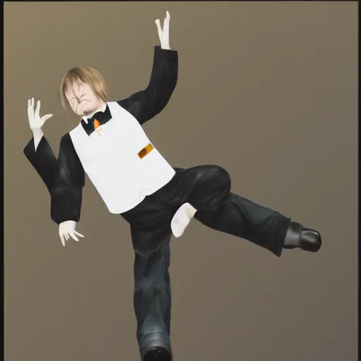 Prompt: mark e smith in a maid uniform doing a backflip, highly detailed, 4 k