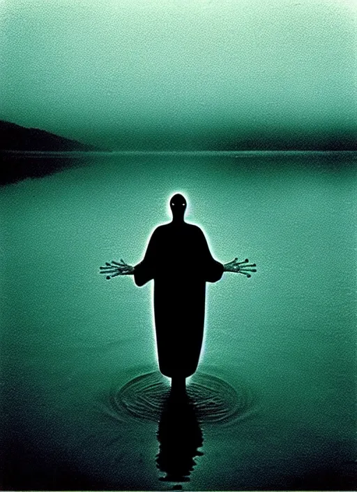 Prompt: “semitranslucent frog body vertically hovering over misty lake waters in jesus christ pose, low angle, long cinematic shot by Andrei Tarkovsky, paranormal, eerie, mystical”