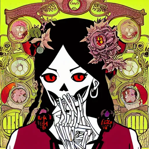 Prompt: anime manga skull portrait girl female skeleton illustration looney toons art Geof Darrow and alphonse mucha pop art nouveau