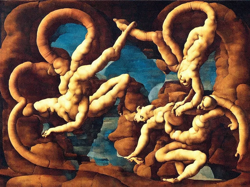 Image similar to optical illusion painting of a couple dancing in a worm hole, illusionism, mind blow, by michelangelo and salvador dali, detailed