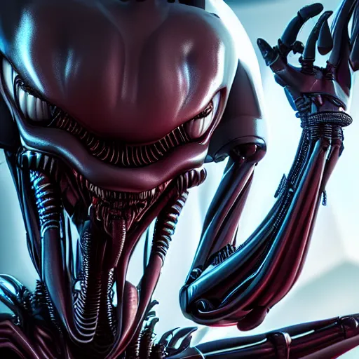 Image similar to futuristic cyberpunk alien xenomorh queen robot concept, highly detailed, photorealistic portrait, bright studio setting, studio lighting, crisp quality and light reflections, unreal engine 5 quality render