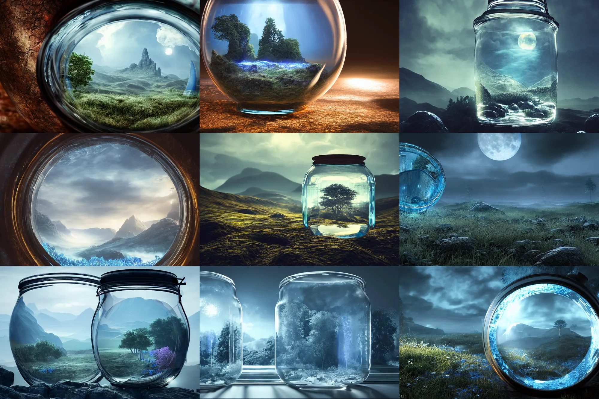 Prompt: scottish landscape inside a glass jar, blue moon, intricate detail, volumetric lighting, epic composition, hyper detailed, ultra realistic, sharp focus, octane render, volumetric, ray tracing,, sense of awe, swirling mist, 4 k