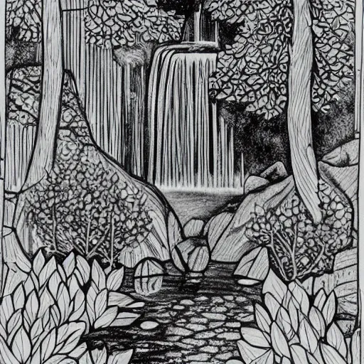 Image similar to an adult coloring page of a waterfall in the enchanted forest, light detail