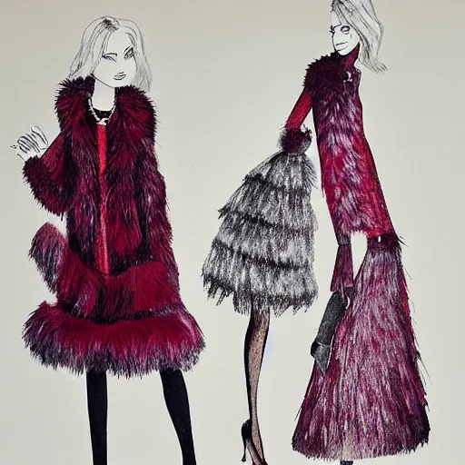 Prompt: a light feminine dress made of feathers and burgundy fur, fashion sketch by karl lagerfeld