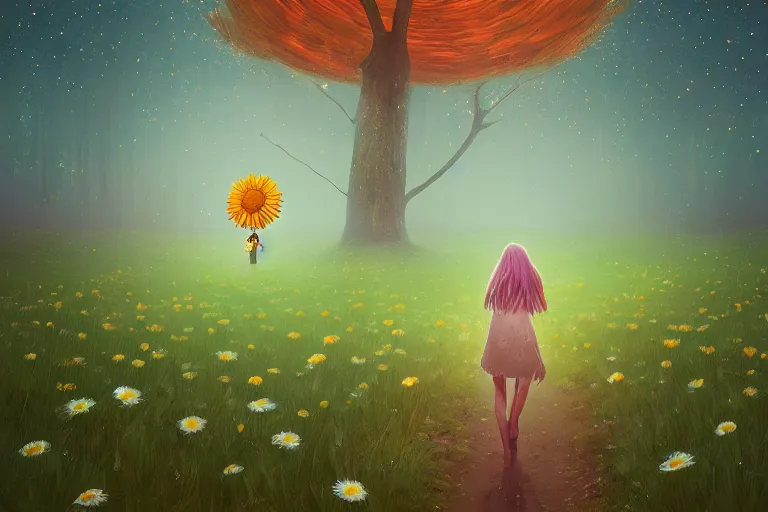 Image similar to giant daisy flower as a head, girl walking in forest, surreal photography, dark night, stars, moon light, impressionist painting, clouds, digital painting, artstation, simon stalenhag