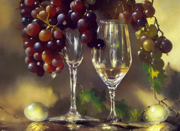 Prompt: oil painting of crystal wine glass, translucent grapes closeup, glass refraction, art by anders zorn, wonderful masterpiece by greg rutkowski, beautiful cinematic light, american romanticism by greg manchess, backlit vine leaves, light