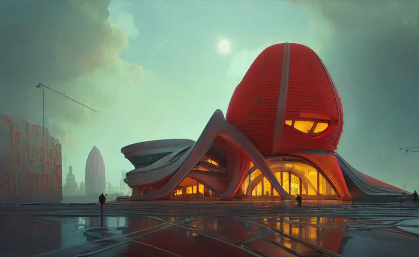 Image similar to exterior shot of utopian architecture red building with cinematic lighting by zaha hadid and renzo piano, darek zabrocki and greg ruthkowski, alphonse mucha, simon stalenhag, cinematic, stars, beautiful, holy place, paradise, scifi, futurism, atmospheric, concept art, artstation, trending on artstation